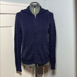 Vintage Ralph Lauren Sport Cotton Navy Cable Knit Sweater Hoodie Size XL